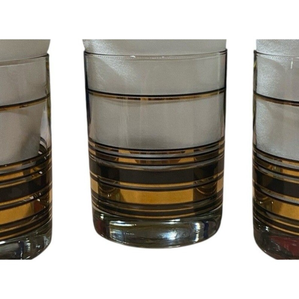 Set Culver Gold Black Stripe Glassware Glasses Vtg Mid Century MCM Highball USA